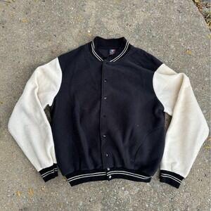 Pinnacle Mens Varsity Bomber Jacket Black Cream Fleece Snap Front‎ Made in USA L